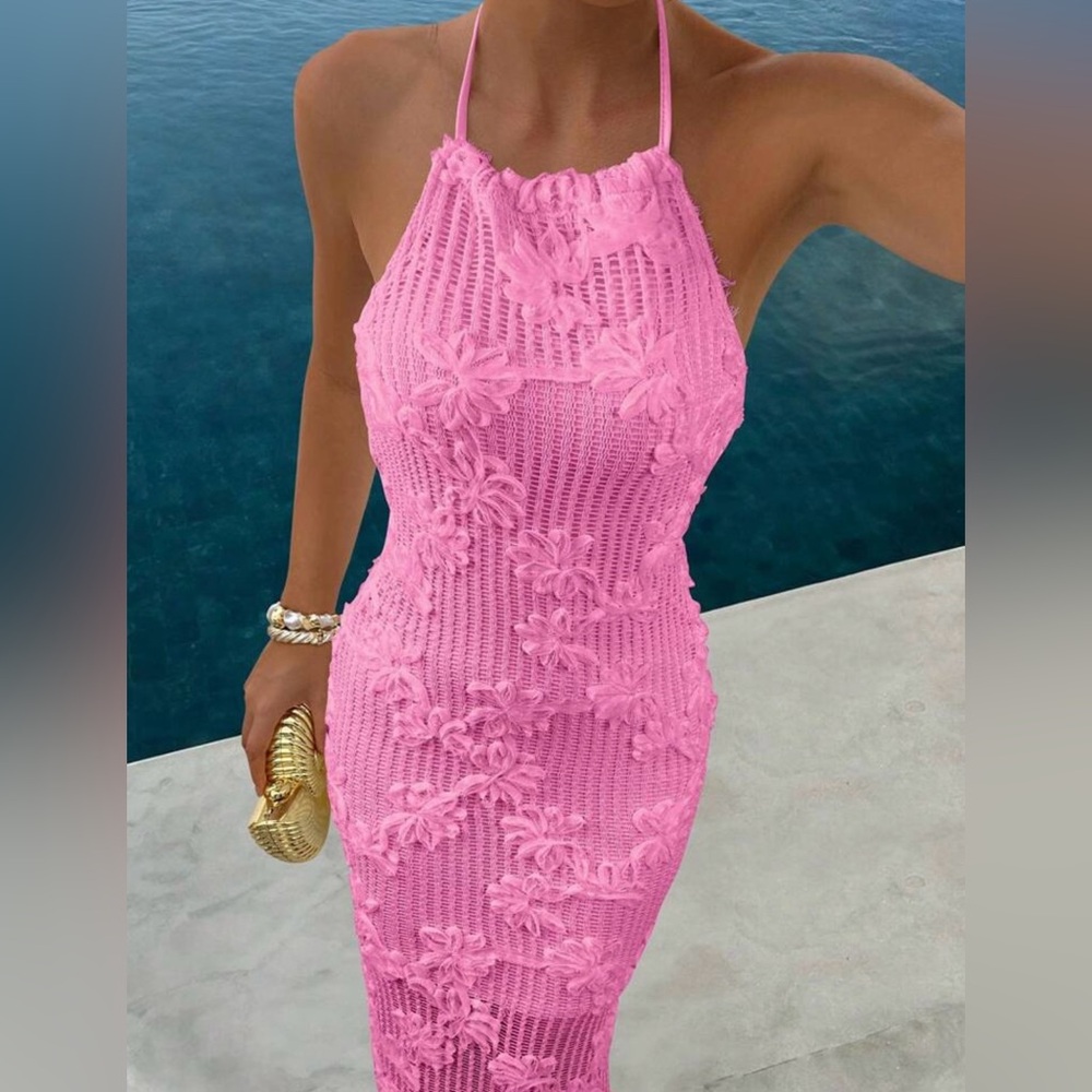 SHEIN Pink Halter Neck Crochet Dress